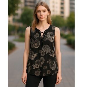 Lace-Up Floral Print Sleeveless Top - Black/Gold